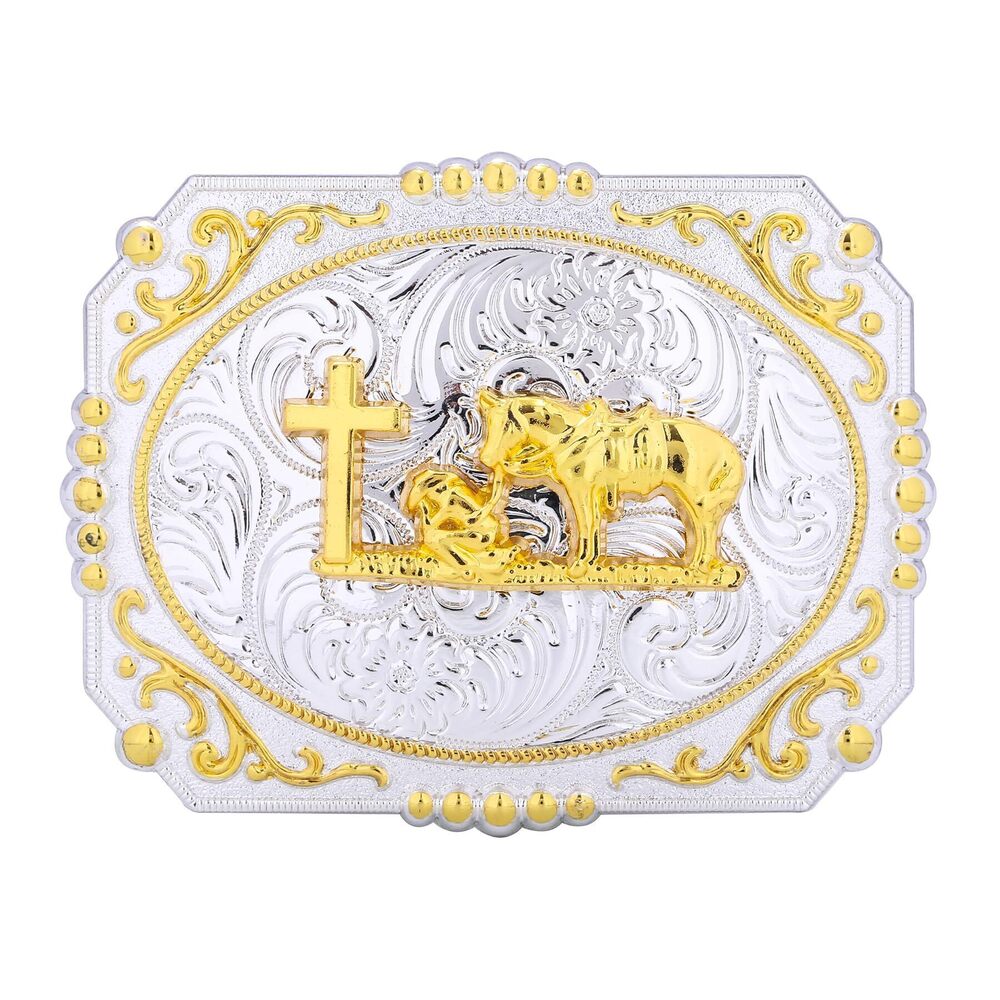 5287 Western Gold Belt Buckle, Elk & Deer USA Eagle & Horse Design, Rodeo